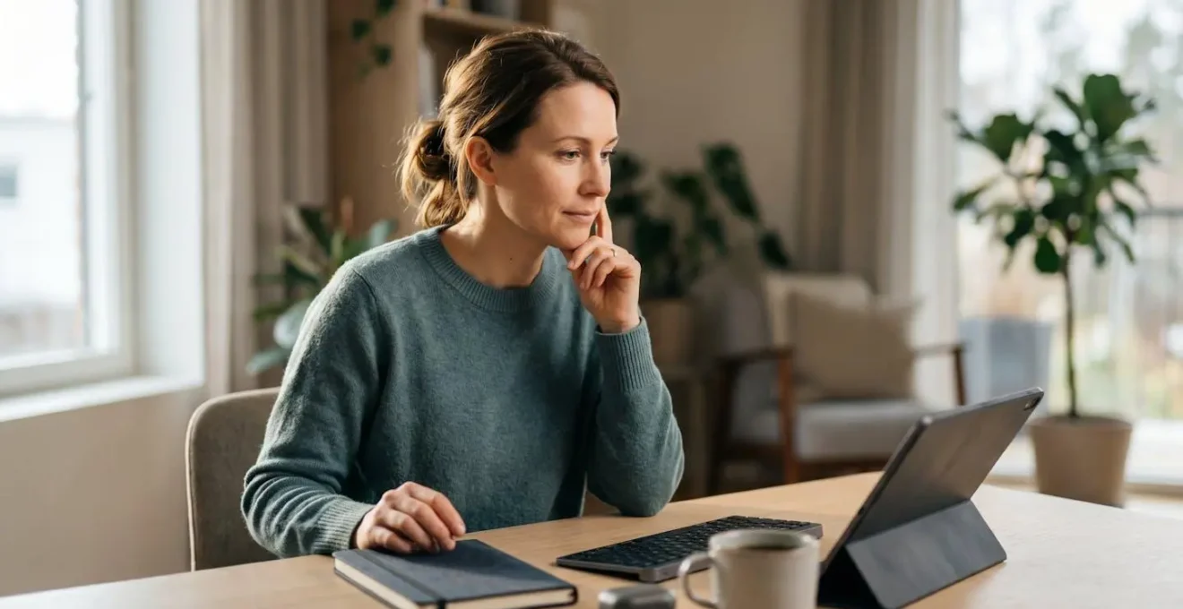 Konzentrierte Person plant eigenständig ihren Lernprozess mit digitalen Werkzeugen