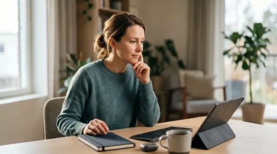 Konzentrierte Person plant eigenständig ihren Lernprozess mit digitalen Werkzeugen