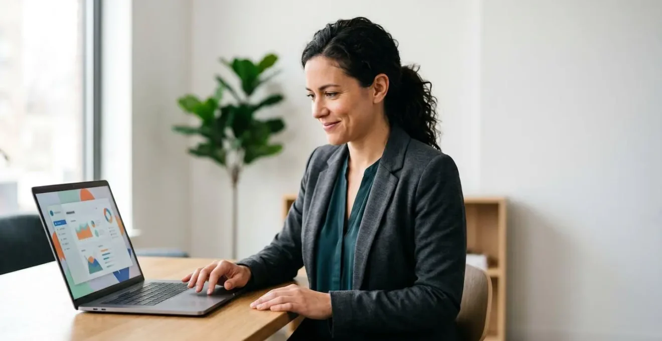 Redakteur arbeitet konzentriert an einfachem Design-Tool auf Laptop in hellem modernen Büro