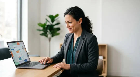 Redakteur arbeitet konzentriert an einfachem Design-Tool auf Laptop in hellem modernen Büro