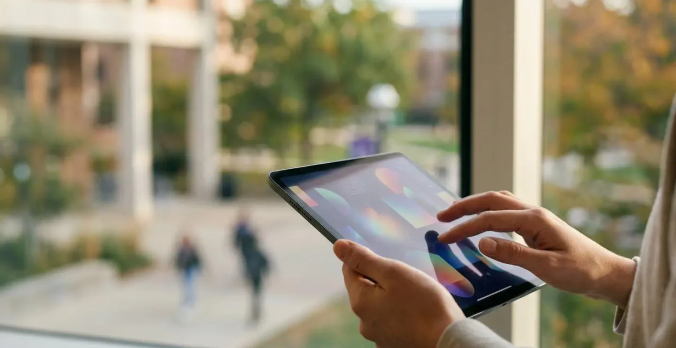 Studentische Hand navigiert durch einen vereinfachten digitalen Einschreibungsprozess auf einem Tablet