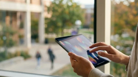 Studentische Hand navigiert durch einen vereinfachten digitalen Einschreibungsprozess auf einem Tablet