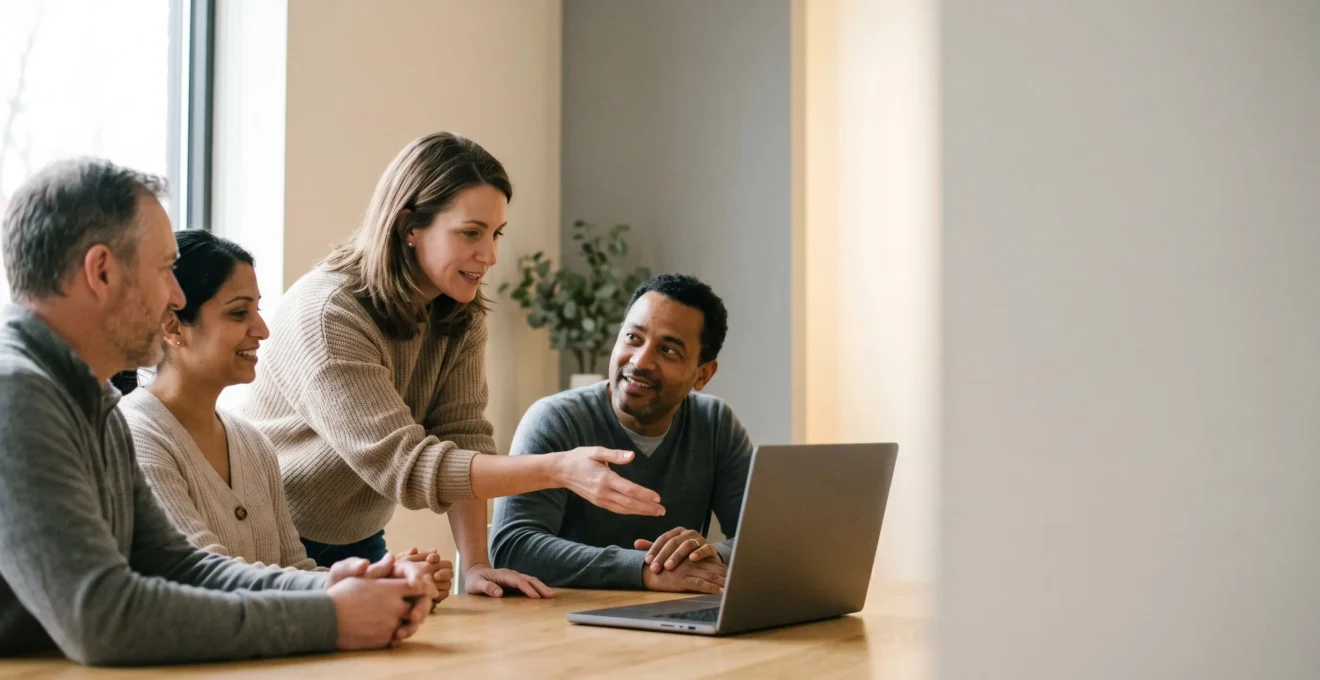 Ein Team von Lehrenden arbeitet gemeinsam an digitalen Geräten in einem modernen Schulungsraum