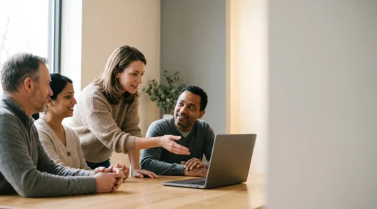 Ein Team von Lehrenden arbeitet gemeinsam an digitalen Geräten in einem modernen Schulungsraum