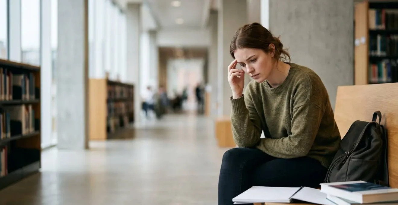 Studierende in nachdenklicher Pose während der Lernphase, symbolisiert kritische Momente im Studium