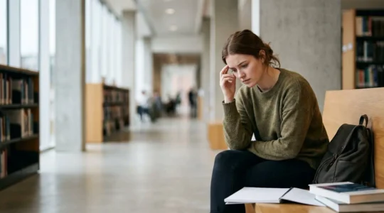 Studierende in nachdenklicher Pose während der Lernphase, symbolisiert kritische Momente im Studium
