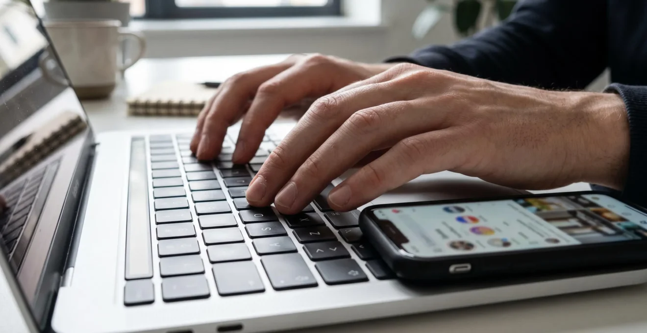 Nahaufnahme von Händen, die auf einer modernen Laptop-Tastatur tippen, daneben liegt ein Smartphone mit verschwommenem Social-Media-Interface auf weisser Schreibtischoberfläche