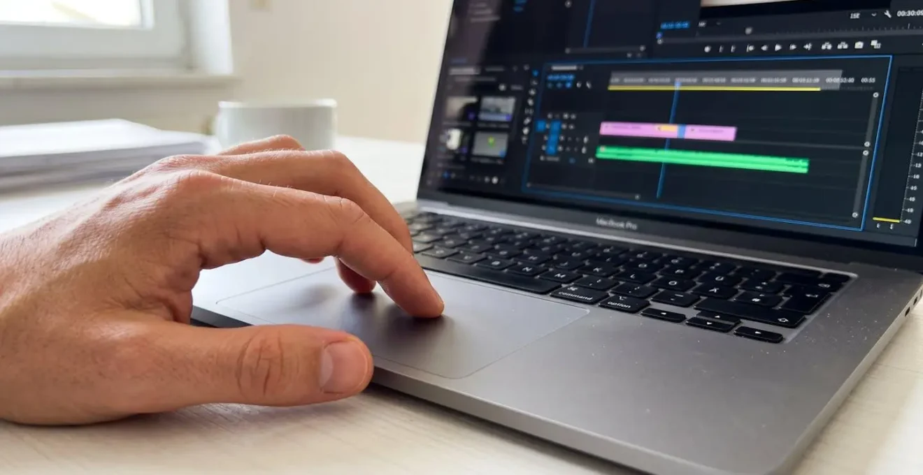 Extreme Nahaufnahme einer Hand, die ein Trackpad auf modernem Laptop bedient, im Hintergrund unscharf eine Video-Timeline-Oberfläche, minimalistischer weisser Schreibtisch