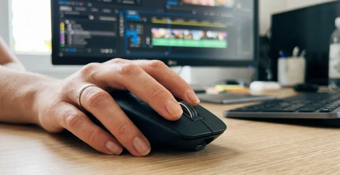 Extreme Nahaufnahme einer Hand, die mit einer Computermaus einen Video-Timeline-Slider präzise justiert