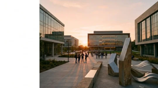 Universitätsgebäude mit Forschungsaktivität und Wissensaustausch im Vordergrund