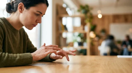 Nahaufnahme von Händen, die mit einem interaktiven Lernwerkzeug arbeiten, symbolisiert aktives Engagement in Online-Kursen durch Quizfragen