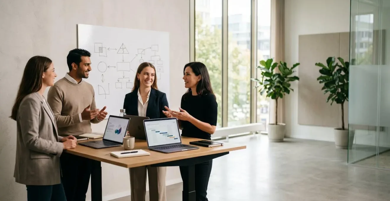 Marketingteam arbeitet mit KI-Tools zur Effizienzsteigerung und Automatisierung