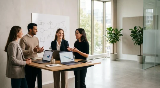 Marketingteam arbeitet mit KI-Tools zur Effizienzsteigerung und Automatisierung