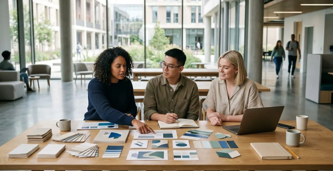 Marketingteam einer kleinen Hochschule arbeitet gemeinsam an visueller Markenstrategie