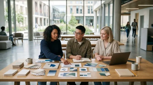 Marketingteam einer kleinen Hochschule arbeitet gemeinsam an visueller Markenstrategie