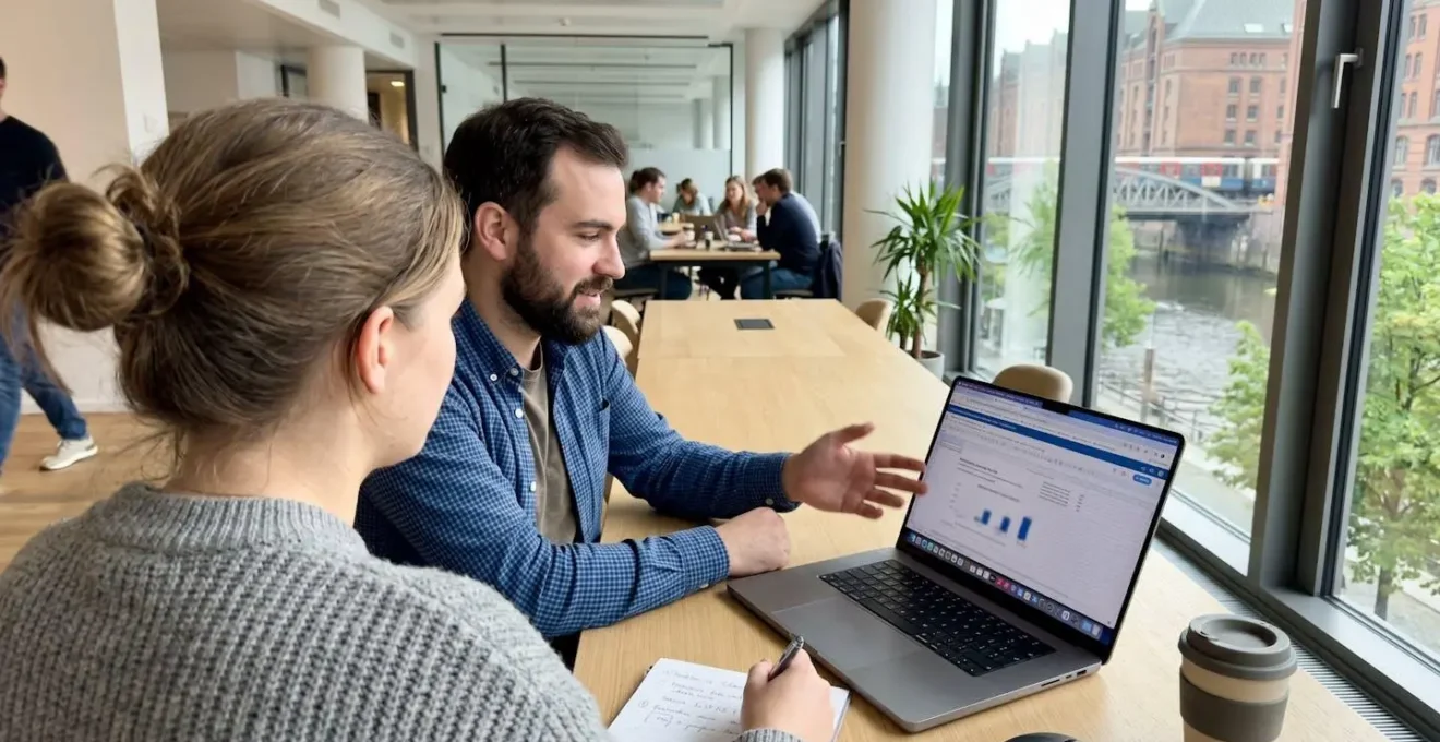 Zwei Kollegen schauen gemeinsam auf einen Laptop-Bildschirm in einem hellen modernen Büro