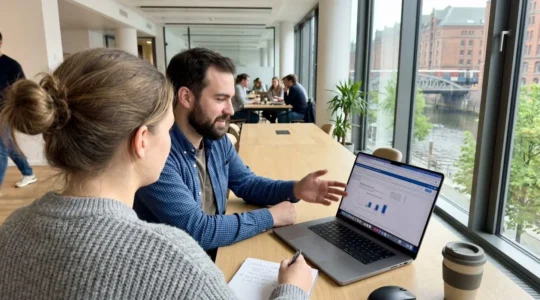 Zwei Kollegen schauen gemeinsam auf einen Laptop-Bildschirm in einem hellen modernen Büro