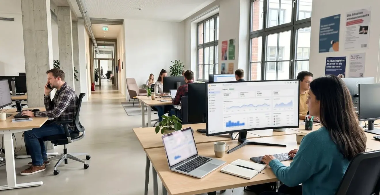 Modernes Marketing-Büro mit großem Monitor, der ein Analytics-Dashboard mit verschwommenen Performance-Metriken zeigt, helles Tageslicht durch Fenster