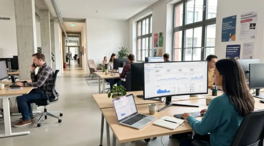 Modernes Marketing-Büro mit großem Monitor, der ein Analytics-Dashboard mit verschwommenen Performance-Metriken zeigt, helles Tageslicht durch Fenster