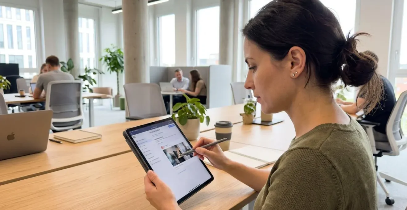 Marketing-Professional im Profil arbeitet an einem Tablet und erstellt visuellen Content in einem modernen Büro mit natürlichem Licht