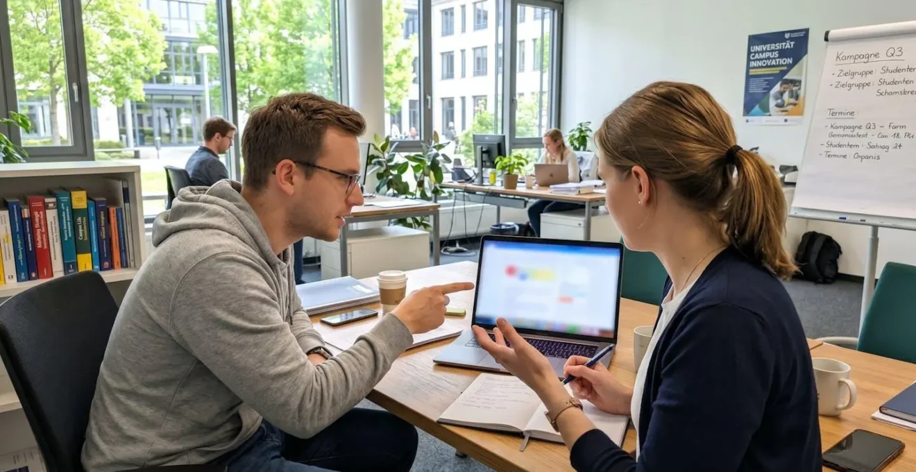 Zwei Marketing-Mitarbeiter in einem hellen modernen Hochschulbüro arbeiten gemeinsam an einem Laptop, Bildschirm zeigt unscharfe Video-Bearbeitungsoberfläche