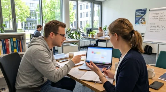 Zwei Marketing-Mitarbeiter in einem hellen modernen Hochschulbüro arbeiten gemeinsam an einem Laptop, Bildschirm zeigt unscharfe Video-Bearbeitungsoberfläche