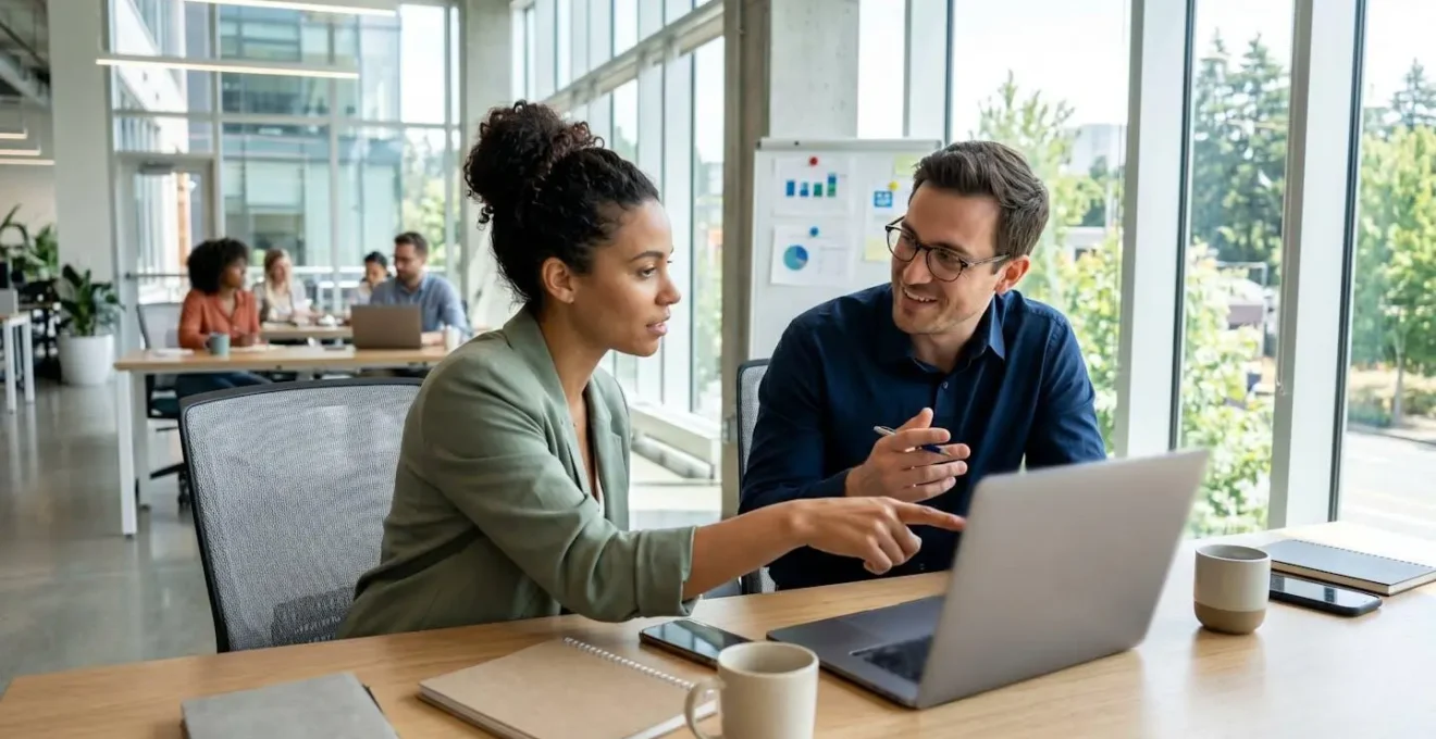 Zwei Marketing-Profis arbeiten gemeinsam an einer Video-Content-Strategie in einem hellen modernen Büro, einer zeigt auf den Laptop-Bildschirm