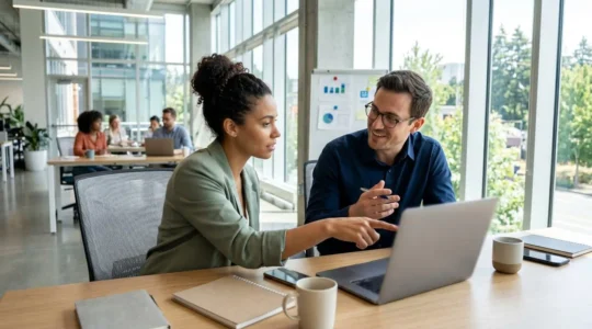 Zwei Marketing-Profis arbeiten gemeinsam an einer Video-Content-Strategie in einem hellen modernen Büro, einer zeigt auf den Laptop-Bildschirm