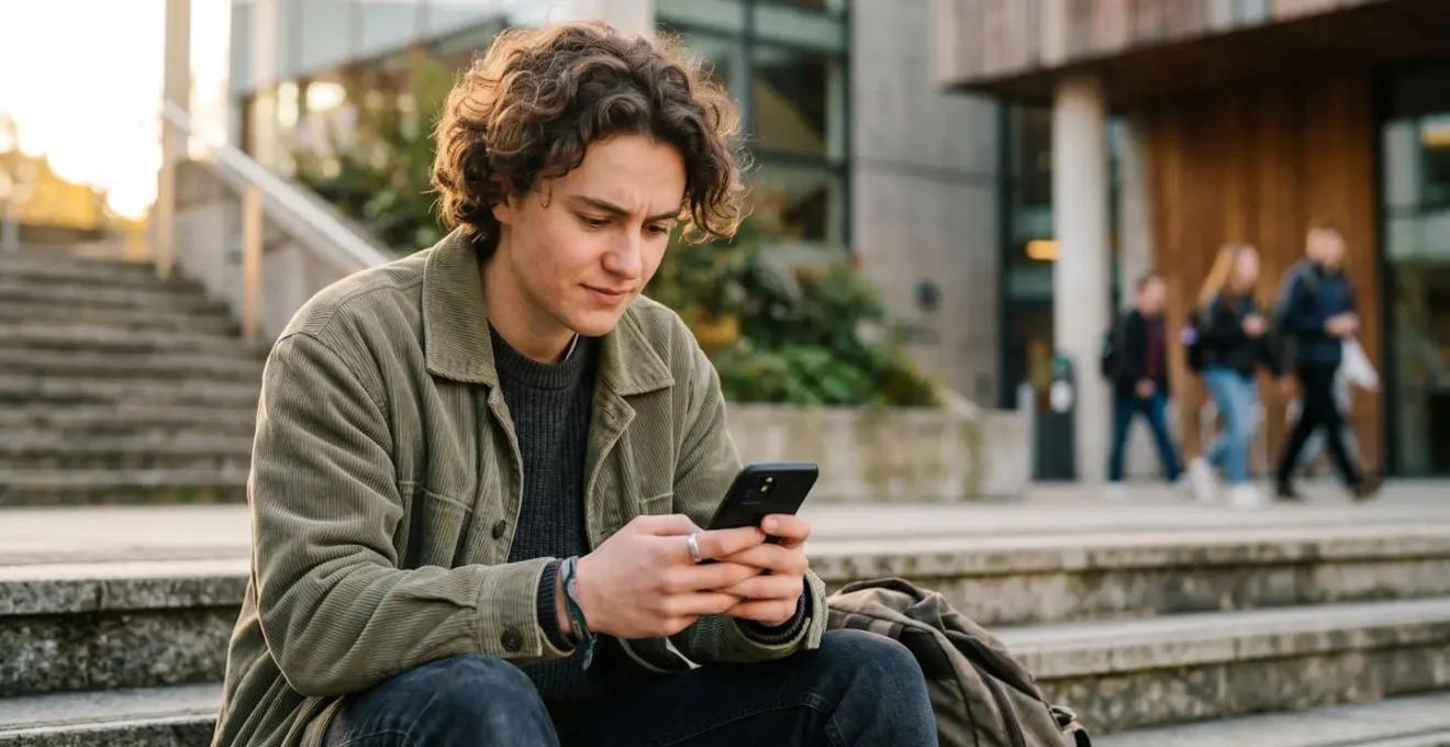 Student interagiert auf dem Campus mit einer mobilen Hochschulwebsite auf dem Smartphone