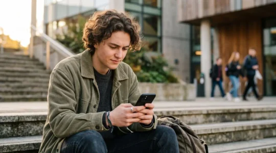 Student interagiert auf dem Campus mit einer mobilen Hochschulwebsite auf dem Smartphone