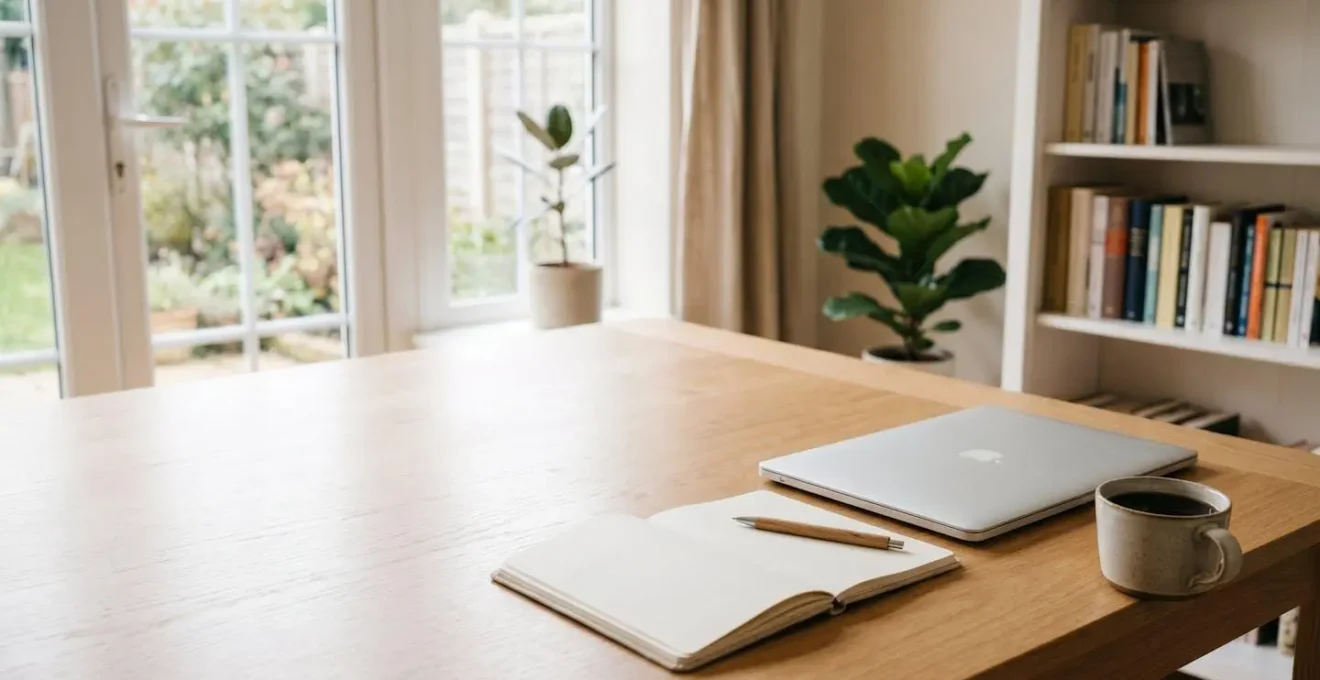 Professionelle Aufnahme zeigt offenen Laptop mit unscharfem Bildschirm auf minimalistischem Schreibtisch, symbolisiert flexible Online-Lernumgebung
