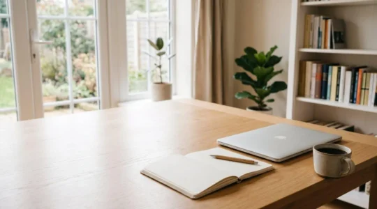 Professionelle Aufnahme zeigt offenen Laptop mit unscharfem Bildschirm auf minimalistischem Schreibtisch, symbolisiert flexible Online-Lernumgebung