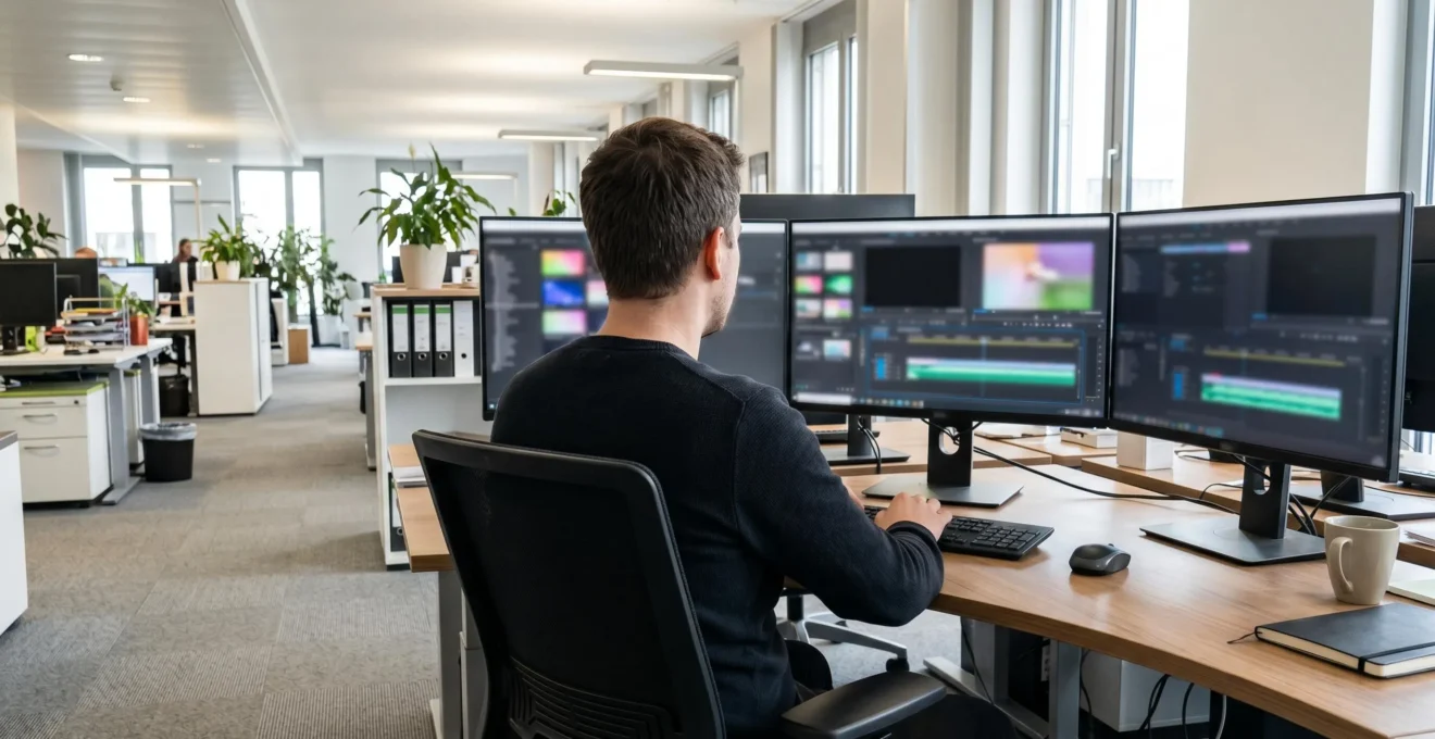 Rückansicht einer Person, die an einem Desktop mit mehreren Monitoren arbeitet, auf den Bildschirmen unscharfe Video-Bearbeitungsoberflächen, modernes Büro-Setting