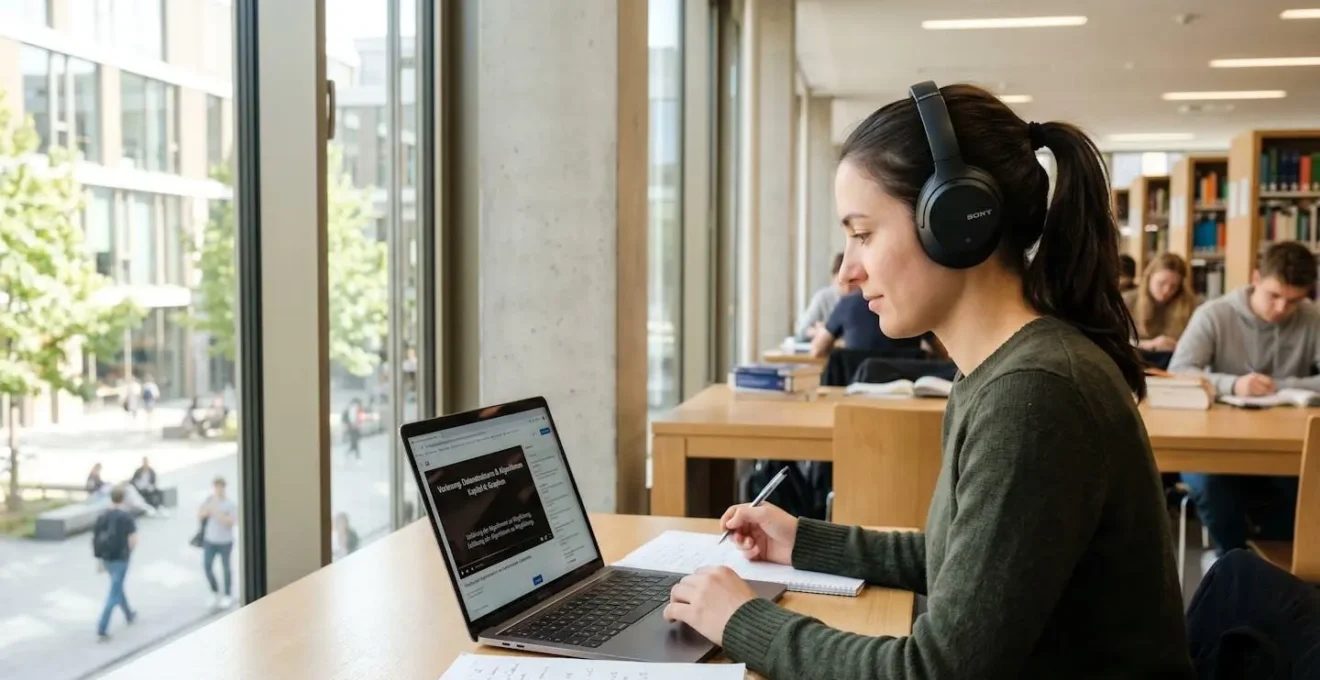 Junge Frau mit Kopfhörern konzentriert sich auf Laptop-Bildschirm in moderner Universitätsbibliothek, Seitenansicht in natürlichem Licht