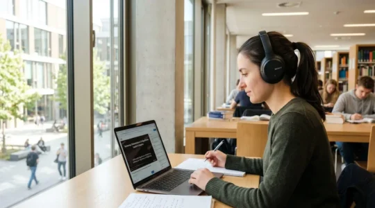 Junge Frau mit Kopfhörern konzentriert sich auf Laptop-Bildschirm in moderner Universitätsbibliothek, Seitenansicht in natürlichem Licht