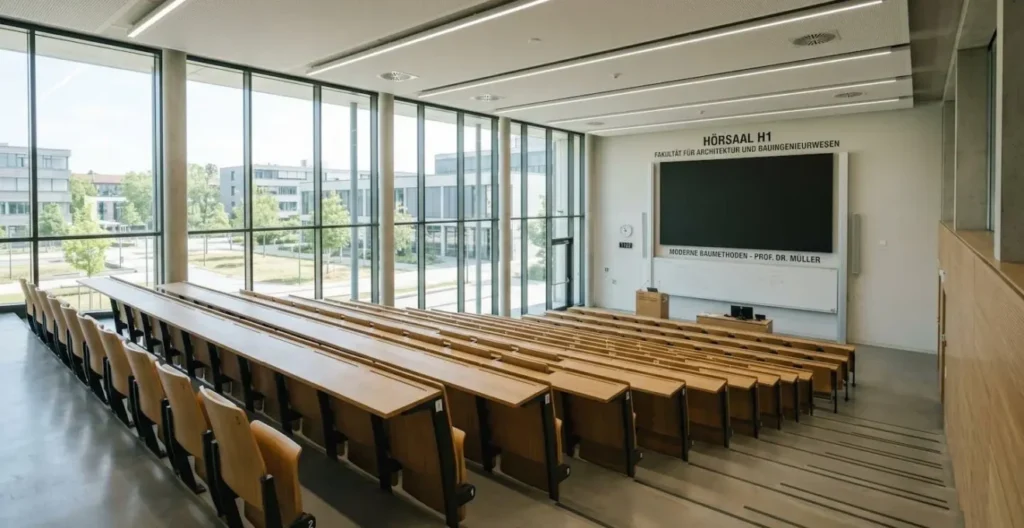 Moderner leerer Hörsaal einer deutschen Universität mit Reihen von Sitzen, grosser Projektionsfläche und hellem Tageslicht durch Fenster, zeitgenössische Architektur Moderner leerer Hörsaal einer deutschen Universität mit Reihen von Sitzen, grosser Projektionsfläche und hellem Tageslicht durch Fenster, zeitgenössische Architektur