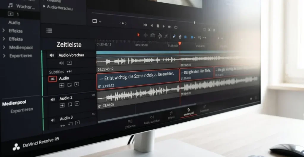 Nahaufnahme eines Computerbildschirms mit Video-Editing-Interface, Wellenform und deutscher Untertitel-Zeitleiste sichtbar, moderne UI mit scharfem Fokus auf Details Nahaufnahme eines Computerbildschirms mit Video-Editing-Interface, Wellenform und deutscher Untertitel-Zeitleiste sichtbar, moderne UI mit scharfem Fokus auf Details